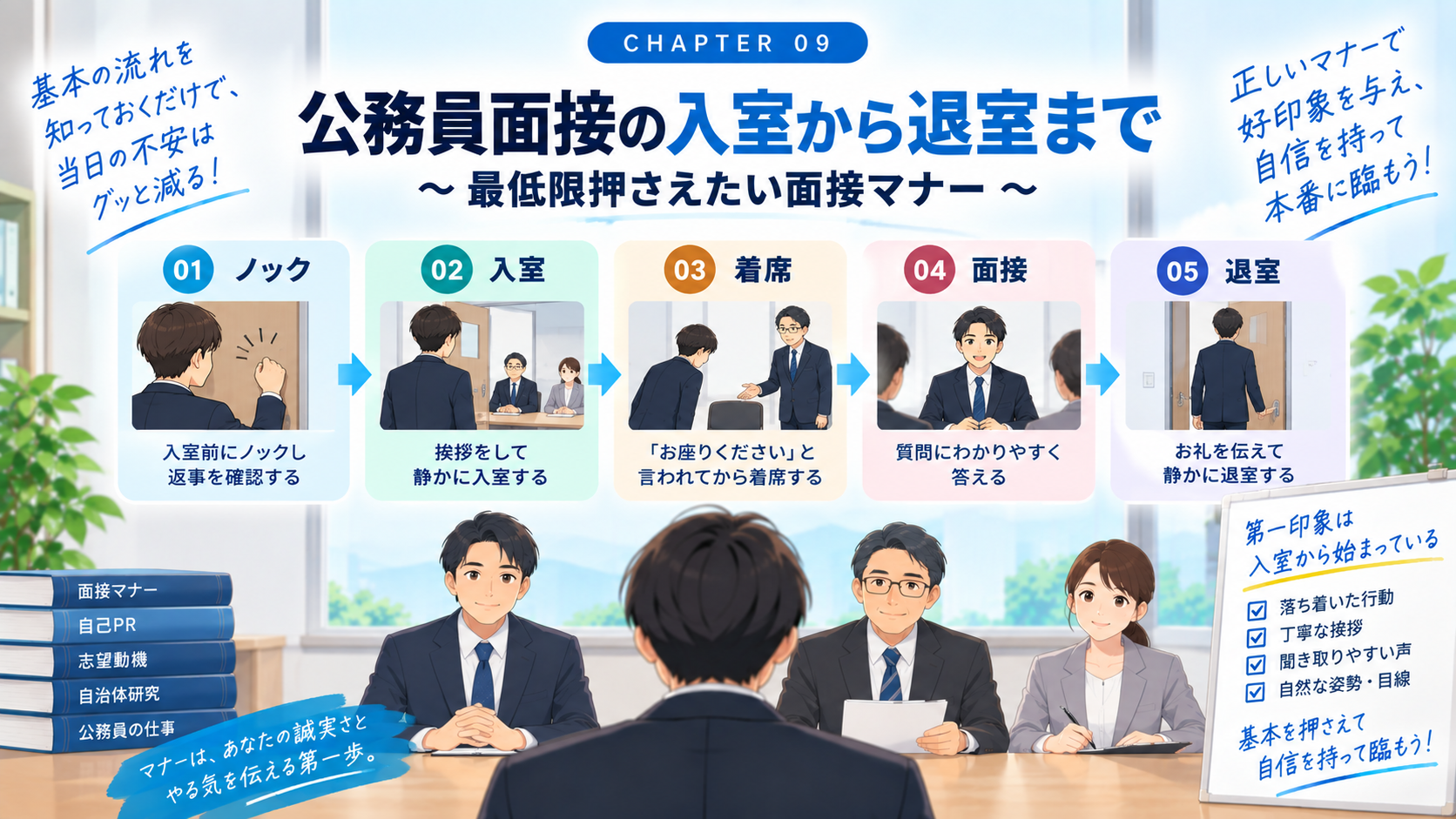 公務員面接の入室から退室までの基本マナーを流れに沿って解説するイメージ