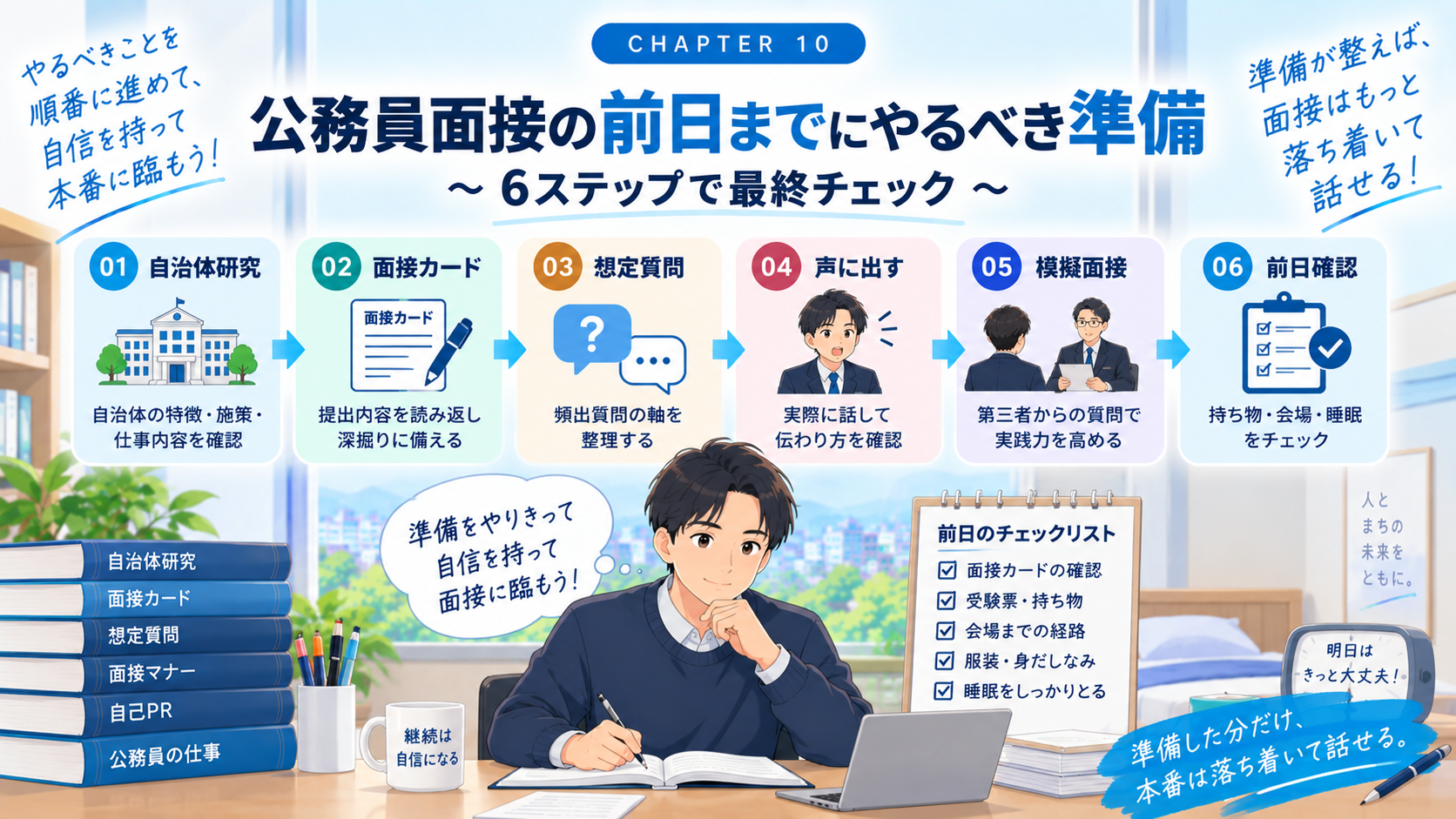 公務員面接の前日までにやるべき準備を6ステップで整理したイメージ