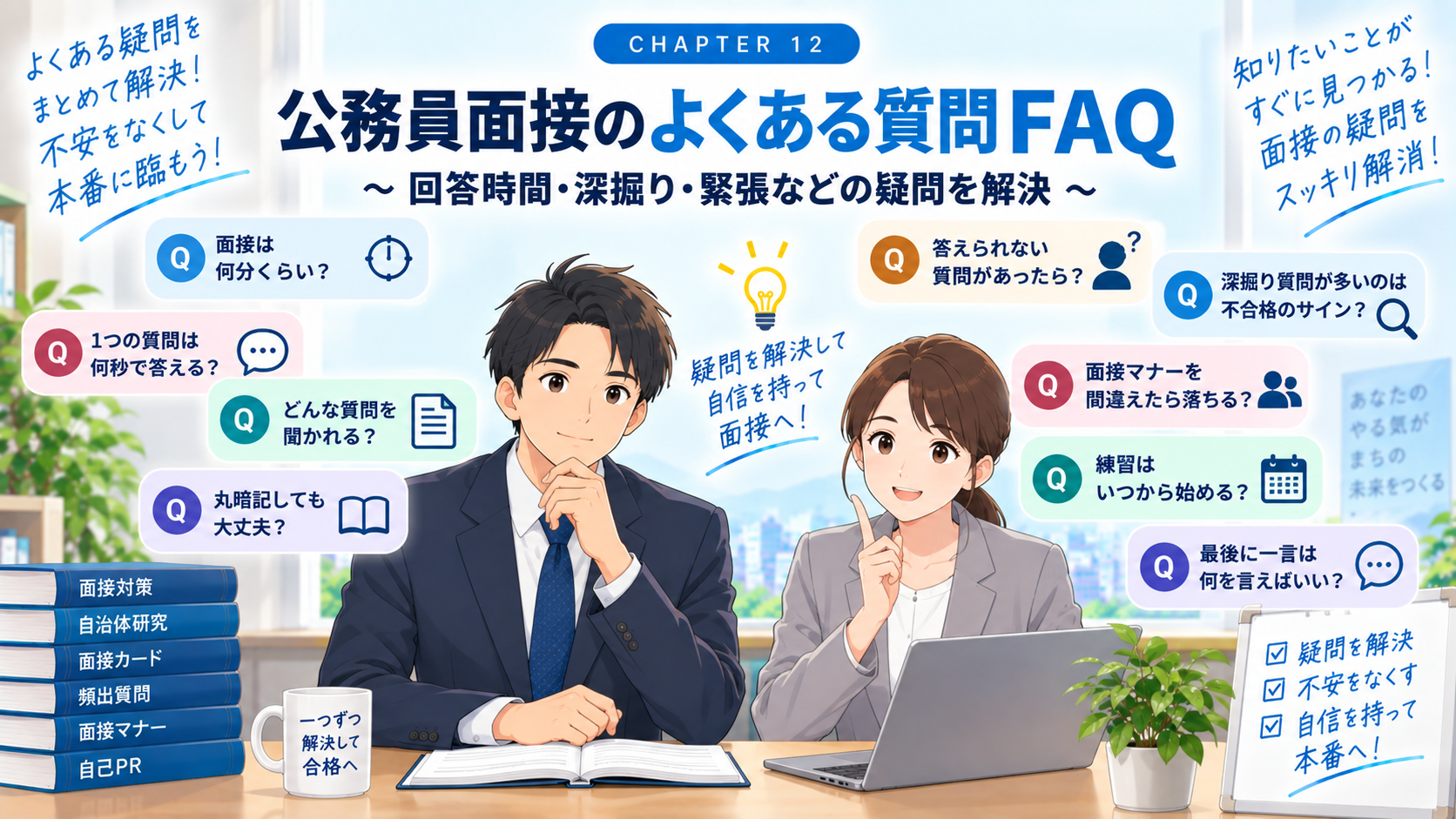 公務員面接の回答時間や深掘り質問など受験者のよくある疑問をQ&A形式で解説するイメージ