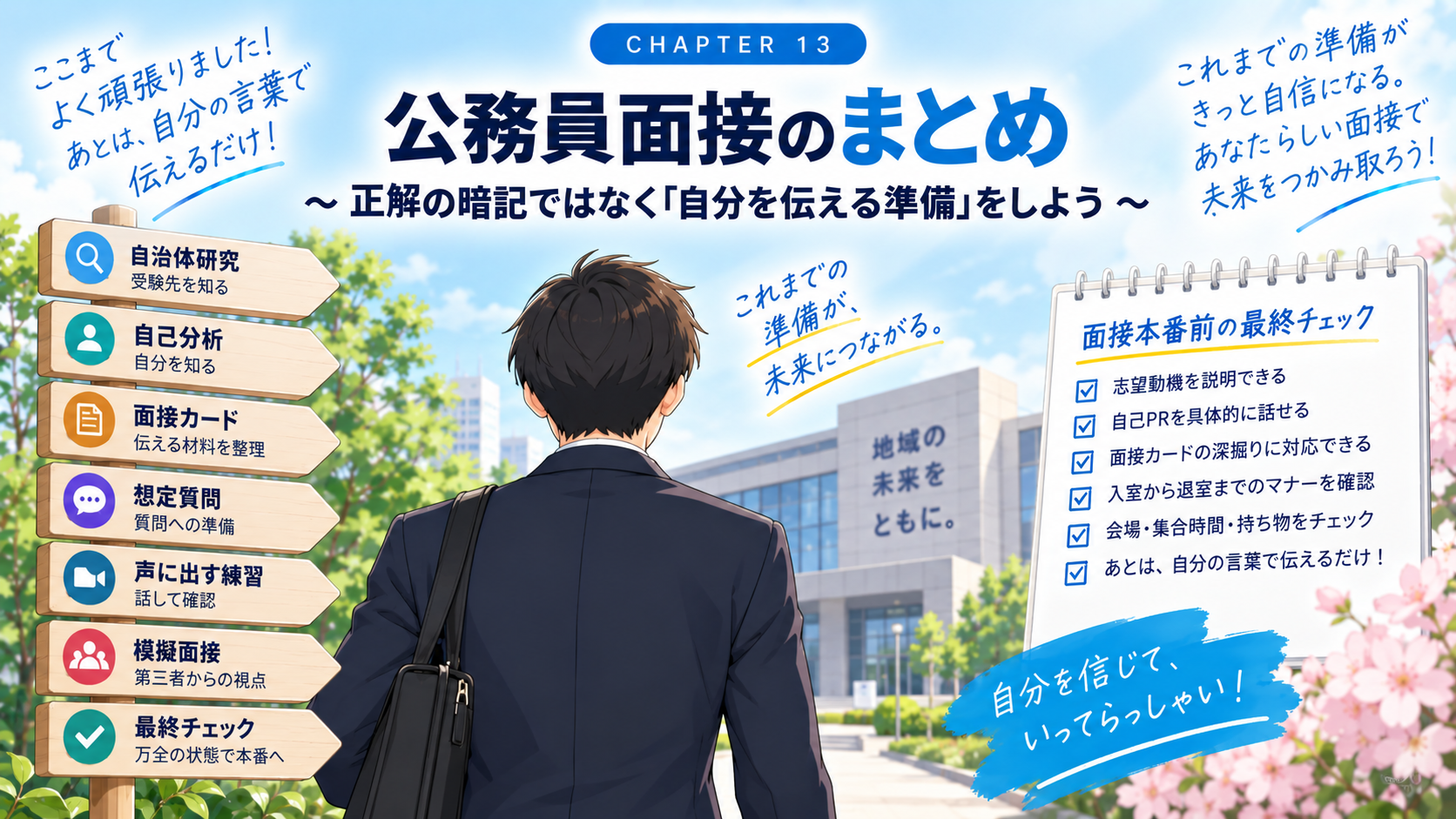 公務員面接対策を終え自信を持って面接本番へ向かう受験者のイメージ