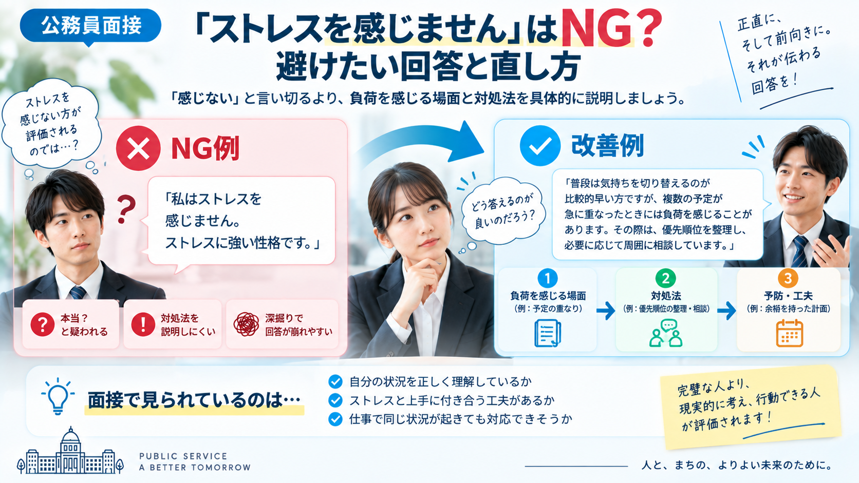 公務員面接でストレスを感じないと答える場合のNG例と改善例